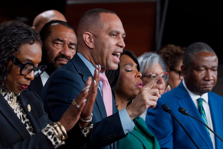 House Minority Leader Hakeem Jeffries (D., N.Y.) and members of the Congressional Black Caucus speak to reporters Wednesday in the wake of a Supreme Court ruling that struck down a majority Black congressional district in Louisiana.