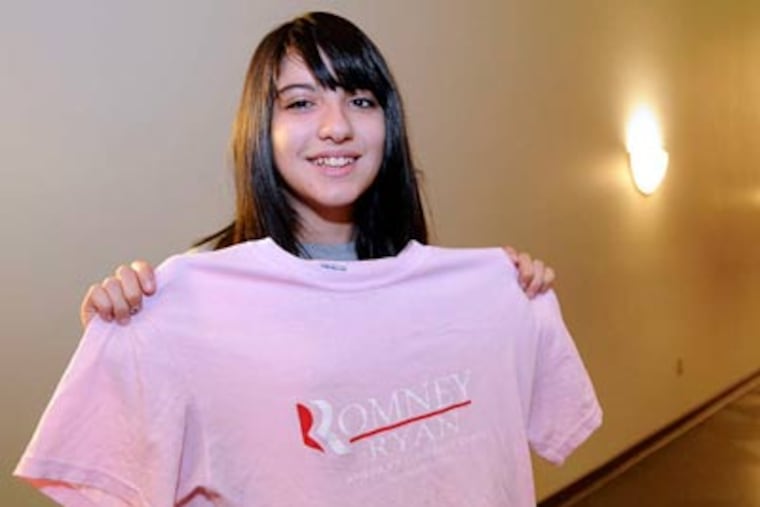 Samantha Pawlucy, 16, of Port Richmond, says she was asked to leave geometry class at Charles Carroll High School in Philadelphia, because she was wearing this Romney T-shirt. SHARON GEKOSKI-KIMMEL / Staff Photographer
