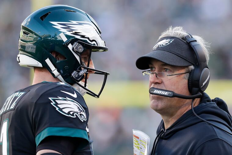 Only four teams in the NFL have a quarterback and head coach who have been together longer than Doug Pederson (right) and Carson Wentz.