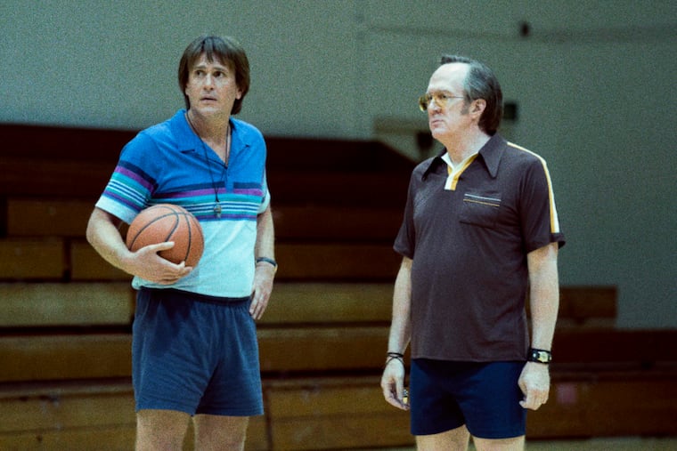 Jason Segel, portraying Paul Westhead, left, and Tracy Letts, portraying Jack McKinney in a scene from the HBO series "Winning Time: The Rise of the Lakers Dynasty."
