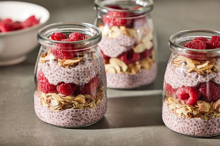 Raspberry Almond Chia Parfaits. MUST CREDIT: Tom McCorkle / For the Washington Post