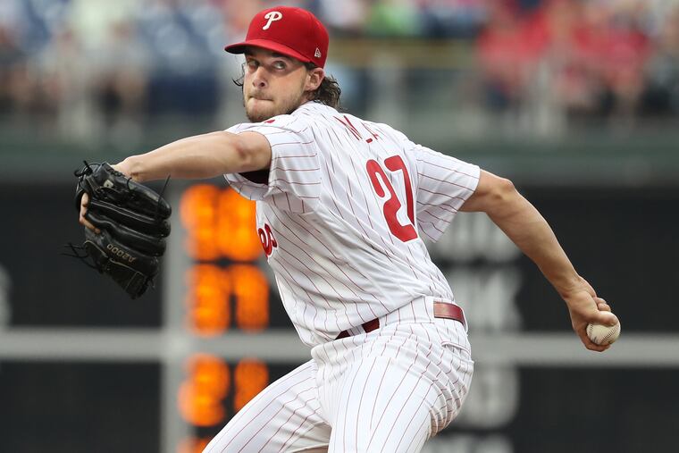 Aaron Nola of the Phillies pitches against the Mets at Citizens Bank Park on August 17, 2018.