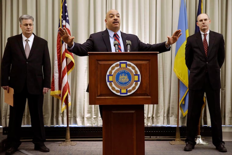 MATT ROURKE / ASSOCIATED PRESS District Attorney Seth Williams (center, pre-weight loss) with Marc Costanzo (left) and Frank Fina.