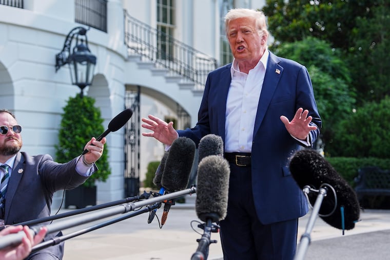 President Donald Trump speaks with reporters before departing the White House on Friday, July 11, 2025.