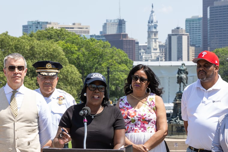 Philadelphia Mayor Cherelle L. Parker discusses the ongoing municipal workers strike at a news conference at the Philadelphia Museum of Art on Thursday.