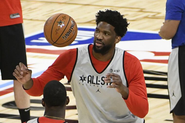 76ers star Joel Embiid warms up during practice at the NBA All-Star basketball game, Saturday, Feb. 15, 2020, in Chicago.