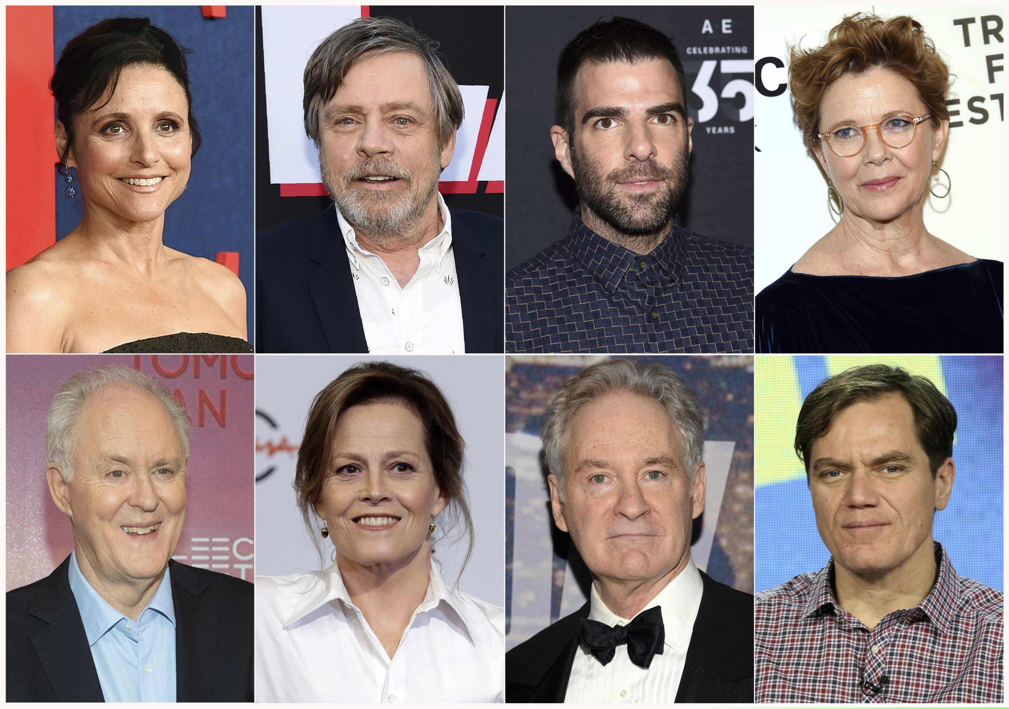 This combination photo shows actors, top row from left, Julia Louis-Dreyfus, Mark Hamill, Zachary Quinto, Annette Bening and bottom row from left, John Lithgow, Sigourney Weaver, Kevin Kline and Michael Shannon, who participated in a live reading of passages from the Mueller report for "The Investigation: A Search for the Truth in Ten Acts," be streamed on the Law Works website. (AP Photo)