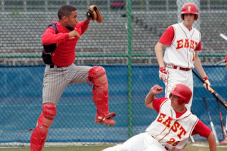 Tyler Ebersole scores easily on a double steal, beating the throw to catcher Robinson Rodriguez. Rodriguez's counterpart, Bobby Jacobs, had a two-run homer in the fifth to cap the scoring.