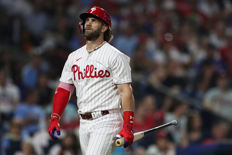 Phillies designated hitter Bryce Harper at bat against the Milwaukee Brewers at Citizens Bank Park on Tuesday.