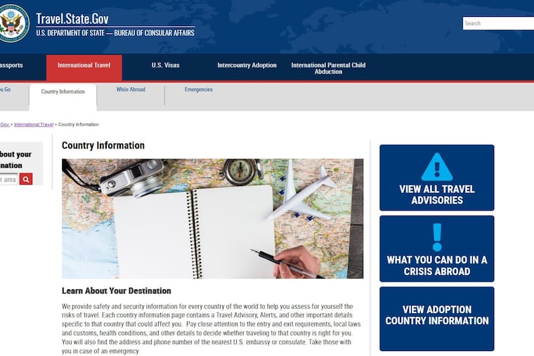 Screengrab of web page at U.S. Department of State website offering information for international travel.