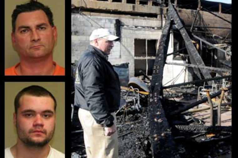 Police today charged two Philadelphia men - Steven Smink, top left, and Felix Manzano, bottom left - and a teen in the Jan. 11 arson at Loyle Lanes in Vineland. At right, Chuck Loyle, a co-owner of the bowling center, looks over the damage. (AP Photo/The Daily Journal, Cody Glenn)