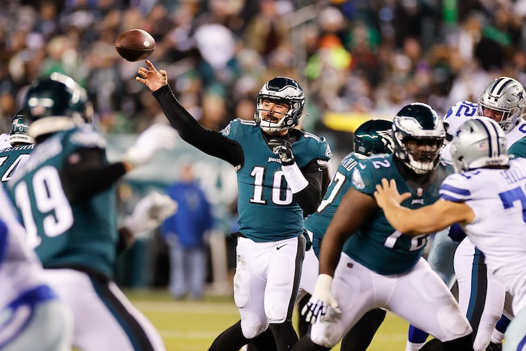 Eagles quarterback Gardner Minshew throws the football against the Dallas Cowboys in January.