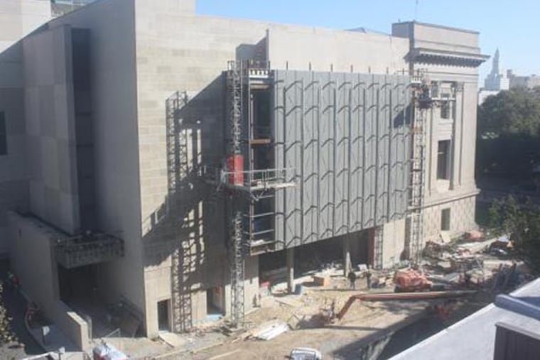 Ned Kahn's Shimmer Wall is being installed on the new Nicholas and Athena Karabots Pavilion. Photo from EarthCam.