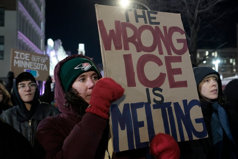 Liz Babcock of Haddon Township (front) during the Philly stands with Minneapolis Ice Out For Good protest that began at Philadelphia’s City Hall on Friday.
