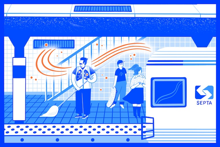 Illustration of a SEPTA worker and commuters on an underground platform.