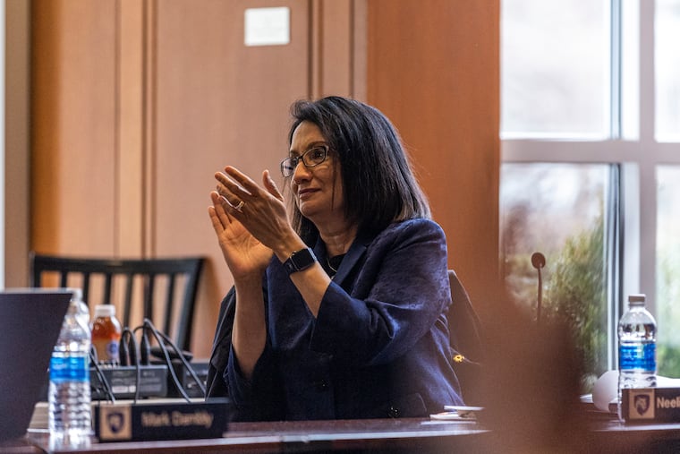 Neeli Bendapudi, president of Penn State University, attending a board of of trustees meeting in State College in 2023.