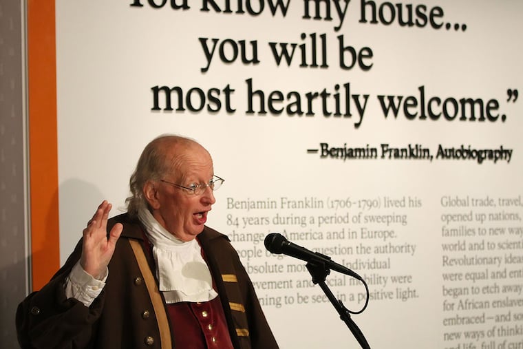 Philadelphia's Ben Franklin, Ralph Archbold, talks about his namesake's rehabbed Benjamin Franklin Museum on Market Street. (Michael Bryant / Staff Photographer)