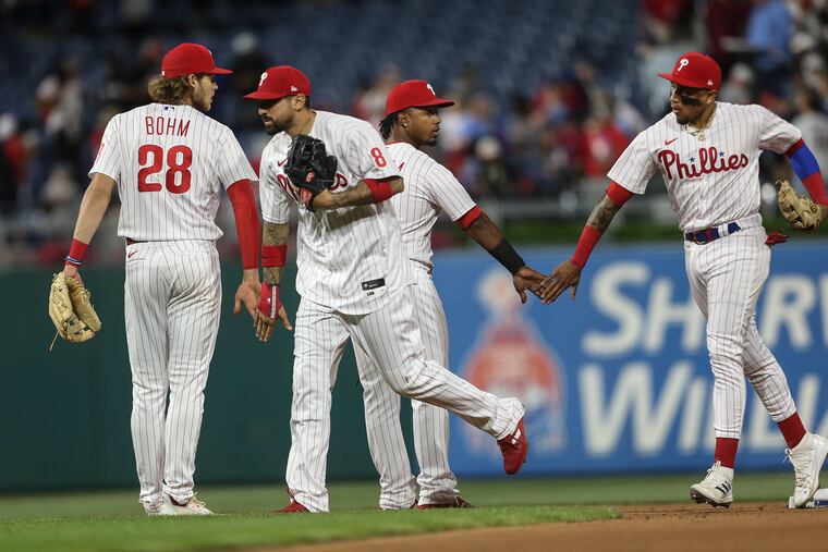 Phillies celebrate shutting out the Padres 3-0 at Citizens Bank Park in Philadelphia, Wednesday, May 18, 2022