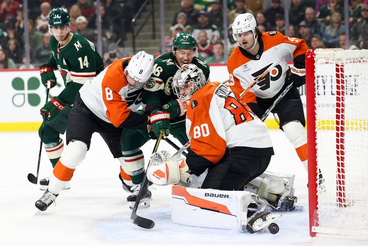 Goaltender Dan Vladar (80), defenseman Cam York (8) and the Flyers held the Wild at bay long enough to earn some critical points on Thursday night.
