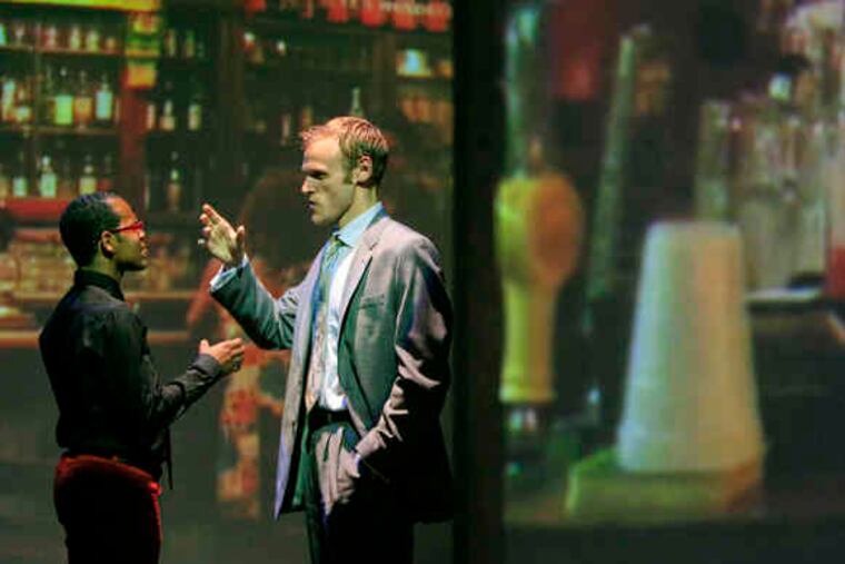 Above, Delante Keys and Alex Bechtel (right) interact with multiple video screens during a rehearsal for "Fatebook: Avoiding Catastrophe One Party at a Time," which brings to life characters from New Paradise Laboratories who have been on Facebook. At near left, EgoPo offers "Company," a version of Samuel Beckett's short story of the same name. It's a typically Beckettian old man's meditationon the way we enter alone, leave alone, and in between have encounters that we may or maynot get much out of. At far left,the Hear Again Radio Projectbrings back to life the pleasuresof the clothes, makeup, andhairdos of the '40s.