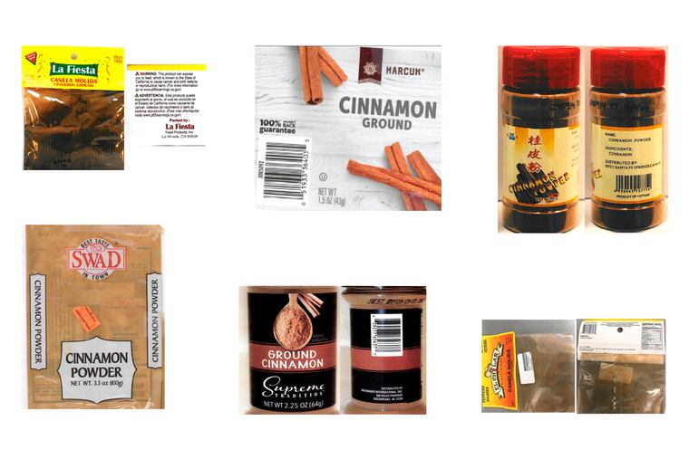 This combination of photos provided by the U.S. Food and Drug Administration shows cinnamon products sold in U.S. discount stores which contain elevated levels of lead. Top row from left are distributed by La Fiesta Food Products of La Miranda, Calif.; Moran Foods, LLC of Saint Ann, Mo., and MTCI of Santa Fe Springs, Calif. Bottom row from left are from Raja Foods LLC of Skokie, Ill.; Greenbriar International, Inc. of Chesapeake, Va., and El Chilar of Apopka, Fla.