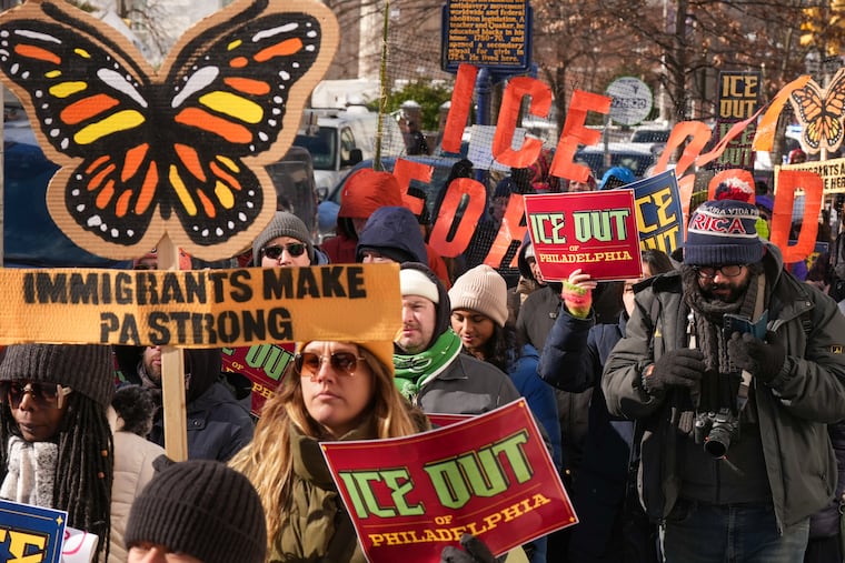 During a January march, advocates and protesters in Center City call for U.S. Immigration and Customs Enforcement to leave Philadelphia. City Council has preliminarily approved legislation that would restrict ICE operations in the city.