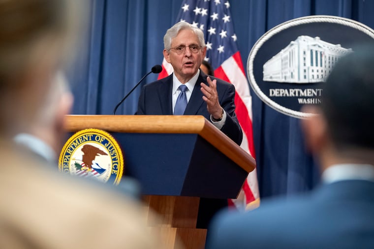 Attorney General Merrick Garland speaks during a news conference at the Department of Justice Tuesday in Washington announcing an antitrust lawsuit against Visa.