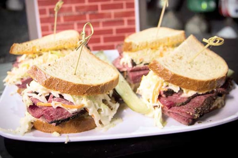 Picture of a Pastrami sandwich available in concessions. Philadelphia Phillies and Aramark unveil the new food and merchandise before the start of the 2014 season the club house store, Citizens Bank Park,( ALEJANDRO A. ALVAREZ / STAFF PHOTOGRAPHER )