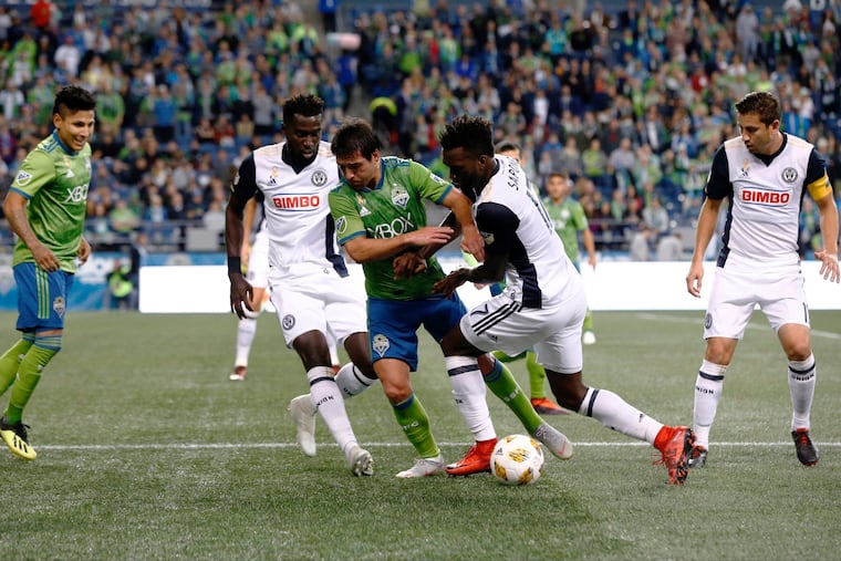 Derrick Jones (left) played a huge game for the Philadelphia Union in their 1-0 win at the Seattle Sounders.