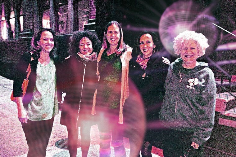 The author, center, flanked by a group of intrepid stragglers outside Hunk-o-Mania at 6th and Spring Garden, four days before Christmas, 2013. Brenda appears second from the left. It was a night they'd never forget.