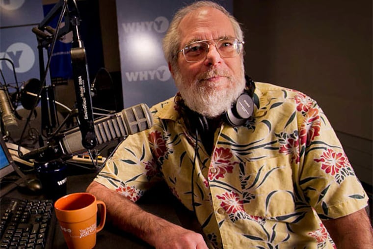 Mike McGrath in the WHYY booth at 6th and Arch streets, where he produces his one-hour live show, "You Bet Your Garden," heard in 23 states on NPR. (Alejandro A. Alvarez/Staff Photographer)