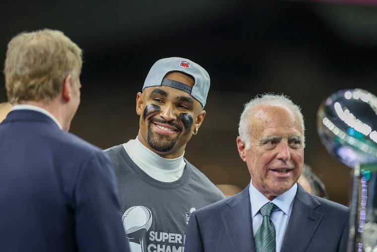 Jalen Hurts (left) helped Jeffrey Lurie lift a Lombardi Trophy. But people within the organization believe the owner understands the implications of another disappointing year by recent Eagles standards.