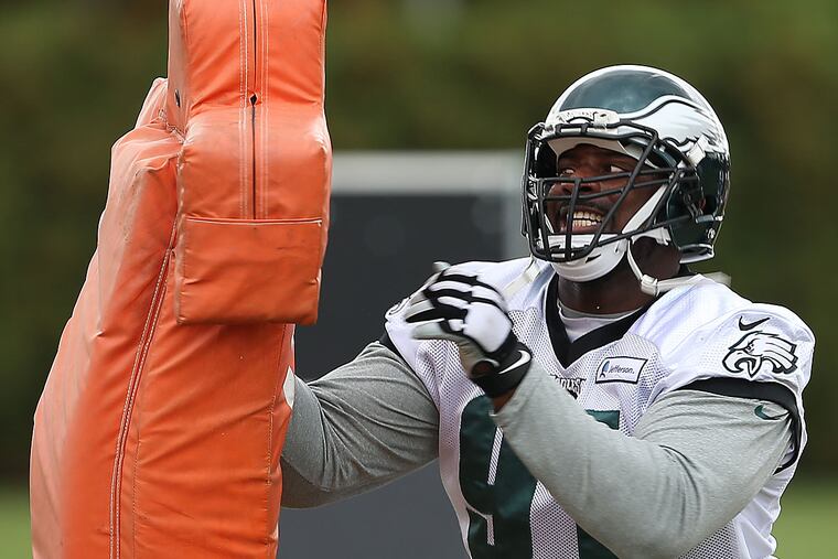 Fletcher Cox works during a drill at practice.