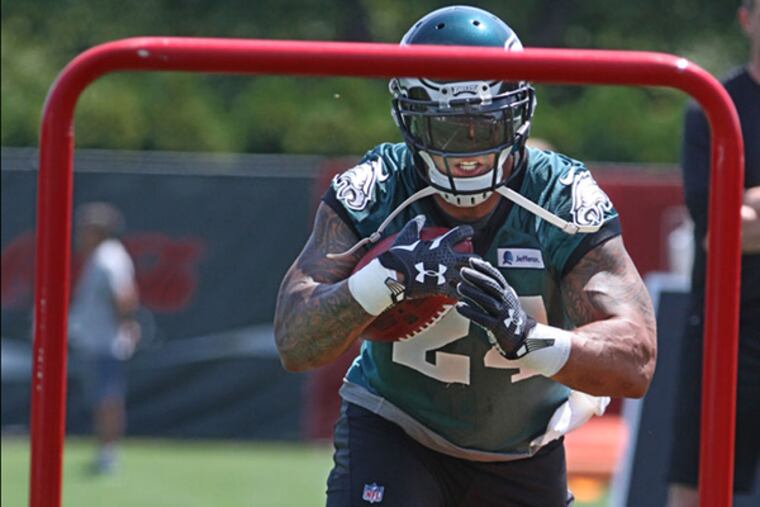 Eagles running back Ryan Mathews participates in a running drill at Eagles training camp. Eagles fourth day of training camp at the Nova Care Center.