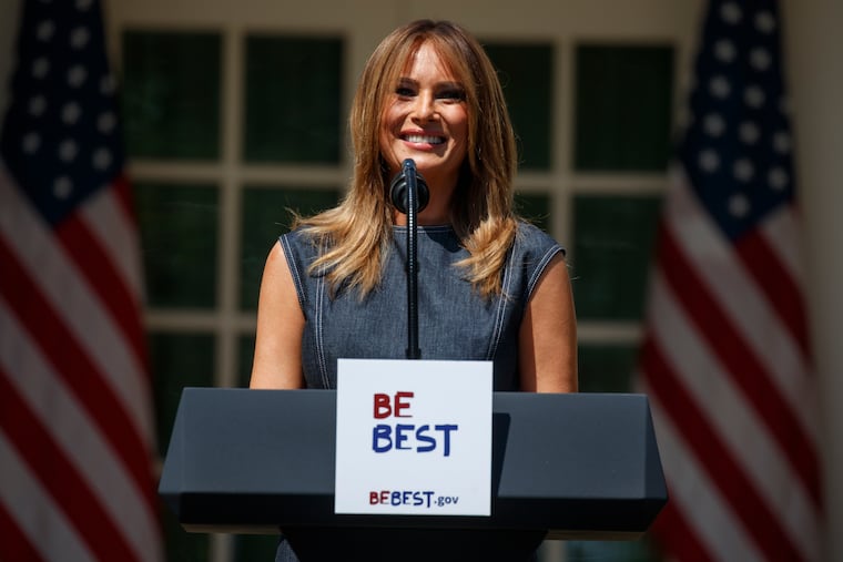 First lady Melania Trump speaks during a program for her "Be Best" initiative in the Rose Garden of the White House, Tuesday, May 7, 2019, in Washington.