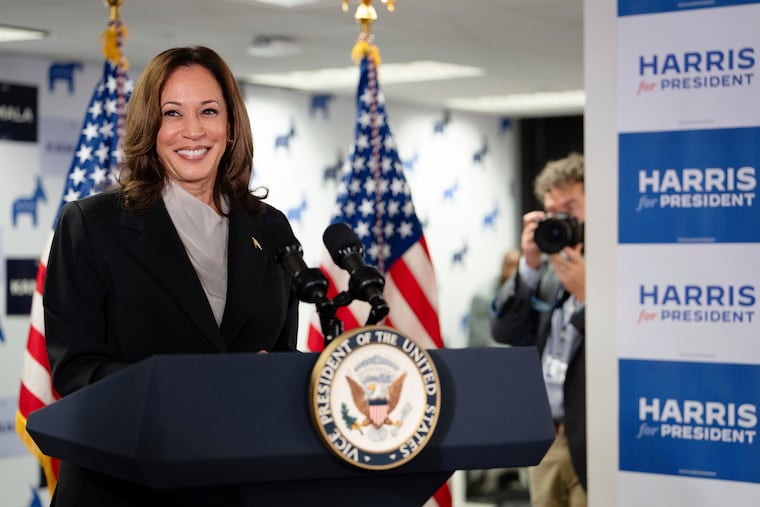 Vice President Kamala Harris speaks at her campaign headquarters in Wilmington on July 22.