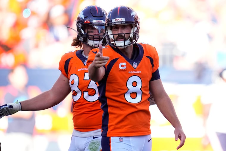 Denver Broncos kicker Brandon McManus (8) celebrates his field goal against the Houston Texans on Sept. 18, 2022. He connected on only 28 of his 36 field-goal attempts in 2022.