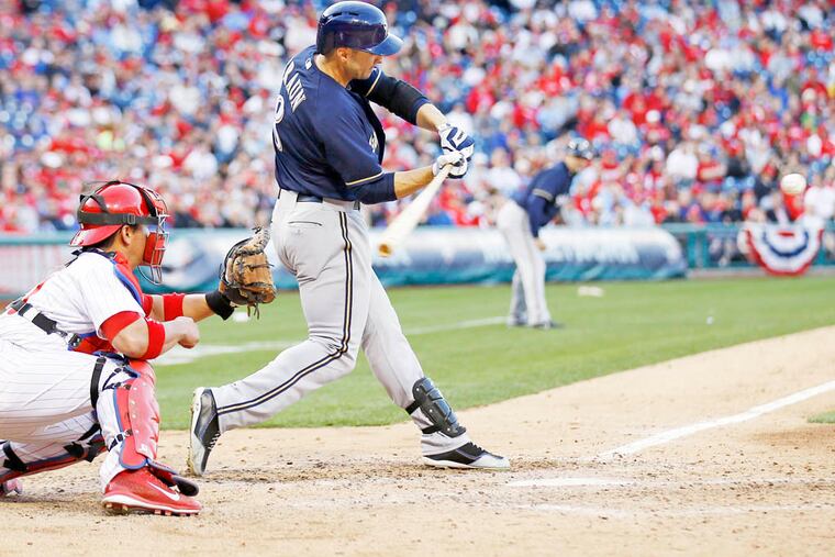 Milwaukee Brewers' Ryan Braun hits a eighth-inning three run home run against the Phillies on Tuesday, April 8, 2014. ( Yong Kim / Staff Photographer )
