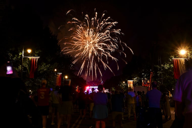 Fireworks fill the sky at the One Philly: Unity Concert for America on the Benjamin Franklin Parkway on Sunday, July 5, 2026 in Philadelphia.