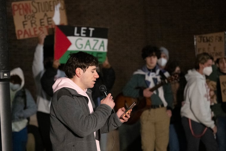 Penn student Jack Starobin protests on Monday, Nov. 27, 2023, after the school denied a progressive Jewish group there permission to this week screen a film critical of Israel on campus.