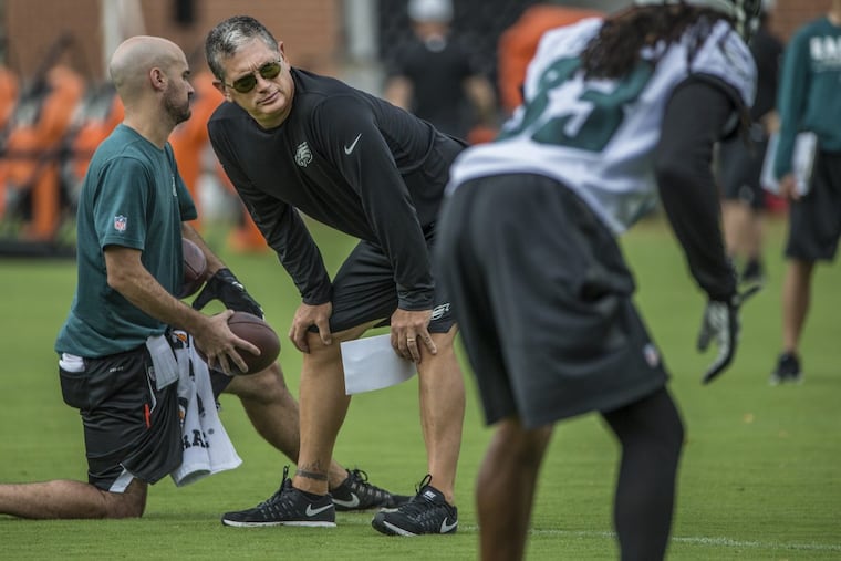 Eagles defensive coordinator Jim Schwartz during training camp at the NovaCare Complex on Monday, July 24, 2017.