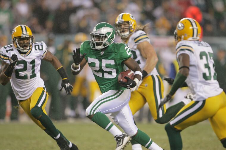 The last time the Eagles wore kelly green? It was the 2010 season opener. LeSean McCoy (center) and the Birds lost to the Packers.