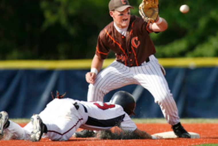 Eastern's Will Shaw dives safely back to second as Cherokee's Dan Haverstick takes the pickoff throw.