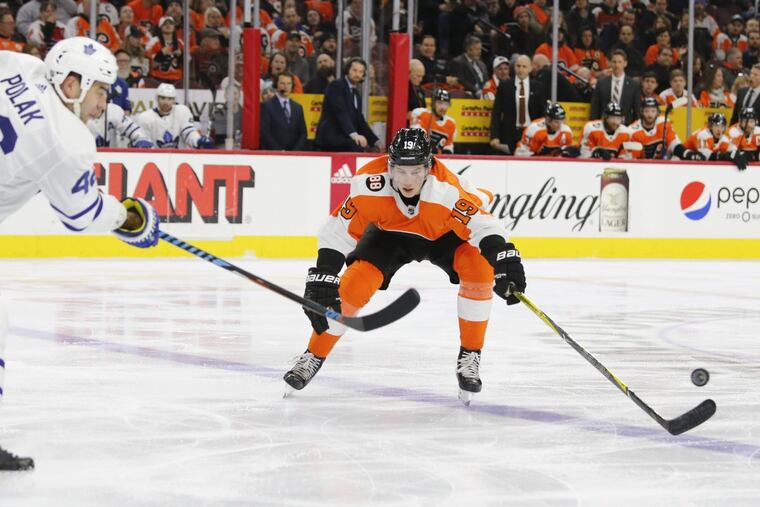 Flyers rookie center Nolan Patrick (right) will play a key defensive role in the playoff series against the Penguins.