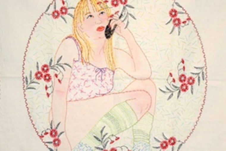 "Voice Mail" (2007), a tablecloth, one of Orly Cogan's naughty "bachelor girl" embroideries at the Projects Gallery exhibit.
