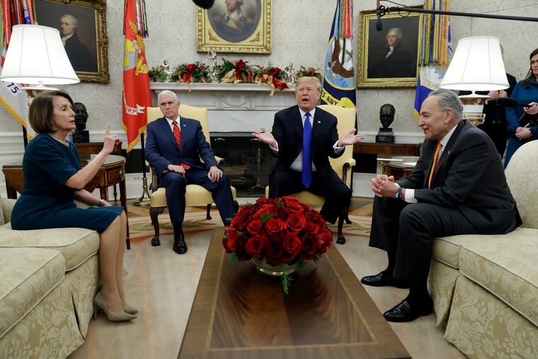 President Donald Trump and Vice President Mike Pence meet with Senate Minority Leader Chuck Schumer, D-N.Y., and House Minority Leader Nancy Pelosi, D-Calif., in the Oval Office of the White House, Tuesday, Dec. 11, 2018, in Washington. (AP Photo/Evan Vucci)