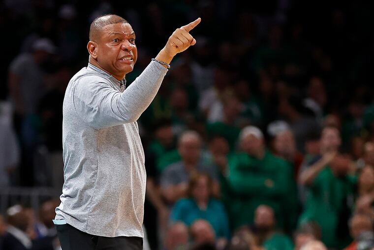Sixers’ coach Doc Rivers reacts during the third quarter against the Boston Celtics in Game 7 of the Eastern Conference semifinals.