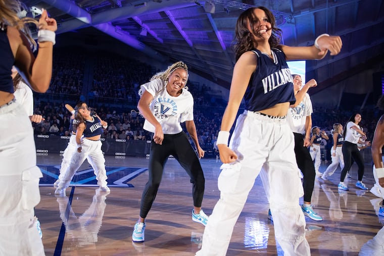 Christina Dalce (center) and members of Villanova's women's basketball team take part in a dance number with the dance team. Hoops Mania was held for the women's and men's Villanova basketball teams on Oct. 21, 2023 at the Finneran Pavilion at Villanova University.