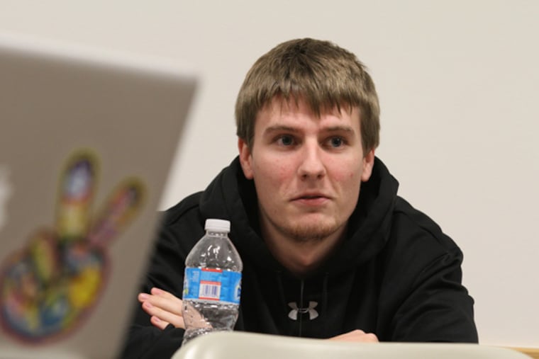 William Hoelke, a Lehigh student, talks about the assignment to plot an attack against the school in a class taught by Chaim Kaufmann. "It just completely blew my mind," Hoelke said. (CHARLES FOX / STAFF PHOTOGRAPHER)