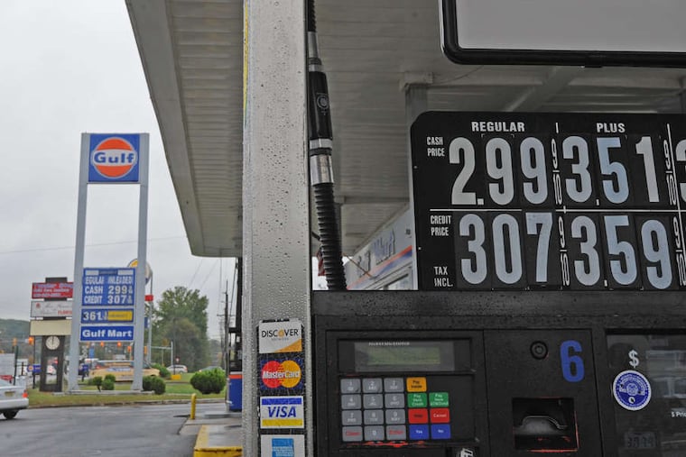 A Gulf station in Burlington City was selling gasoline Thursday for under $3 a gallon. The average for the day in South Jersey was $3.20 for a gallon of regular, according to AAA Mid-Atlantic. The average in Southeastern Pennsylvania was $3.41. Prices at the pump have fallen steadily on economic worries, but crude oil prices jumped above $103 a barrel Thursday on hope that U.S. political leaders were near a deal to raise the debt ceiling.